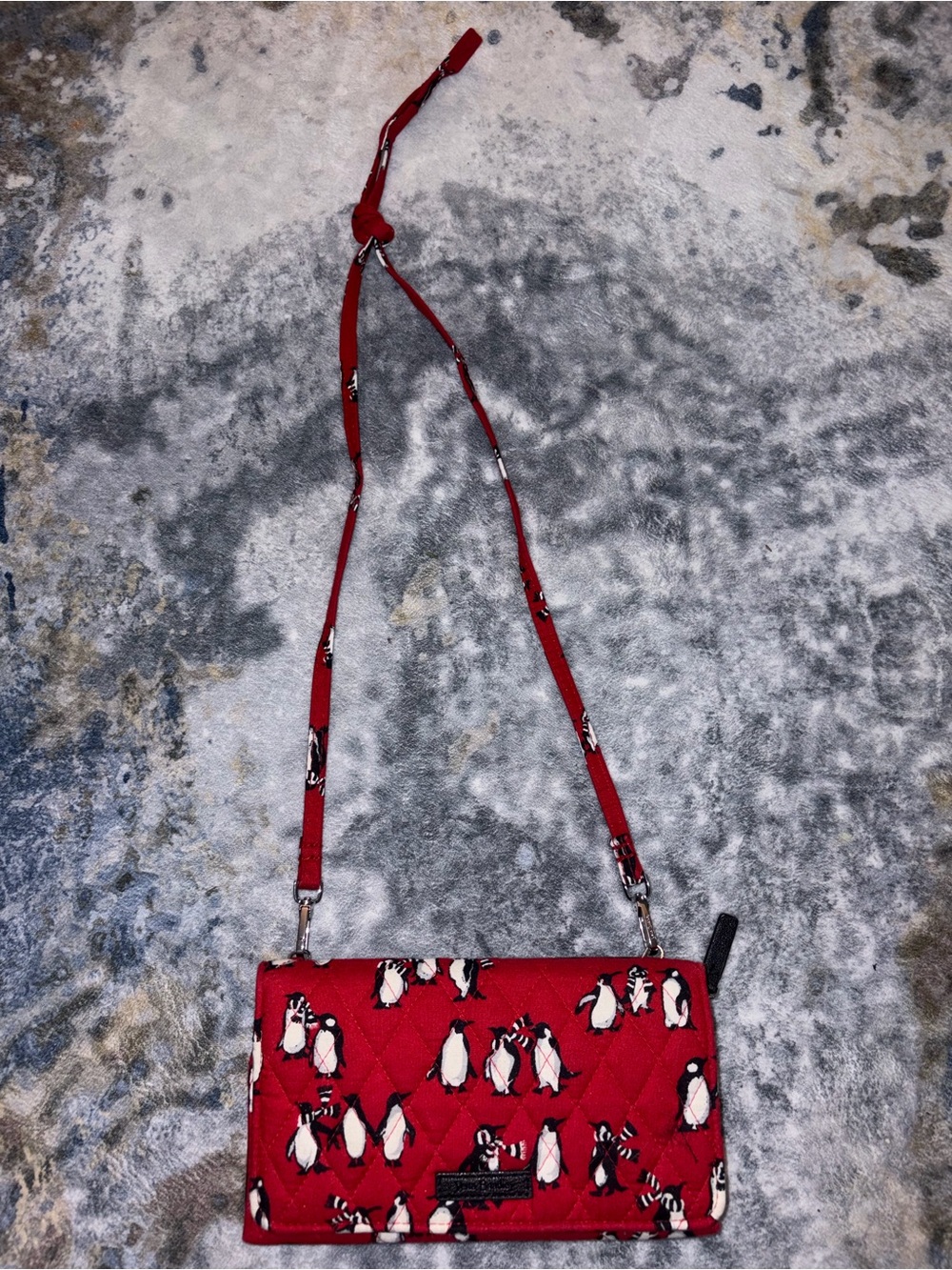 VERA BRADLEY Red Quilted Crossbody Wallet with Penguin Print